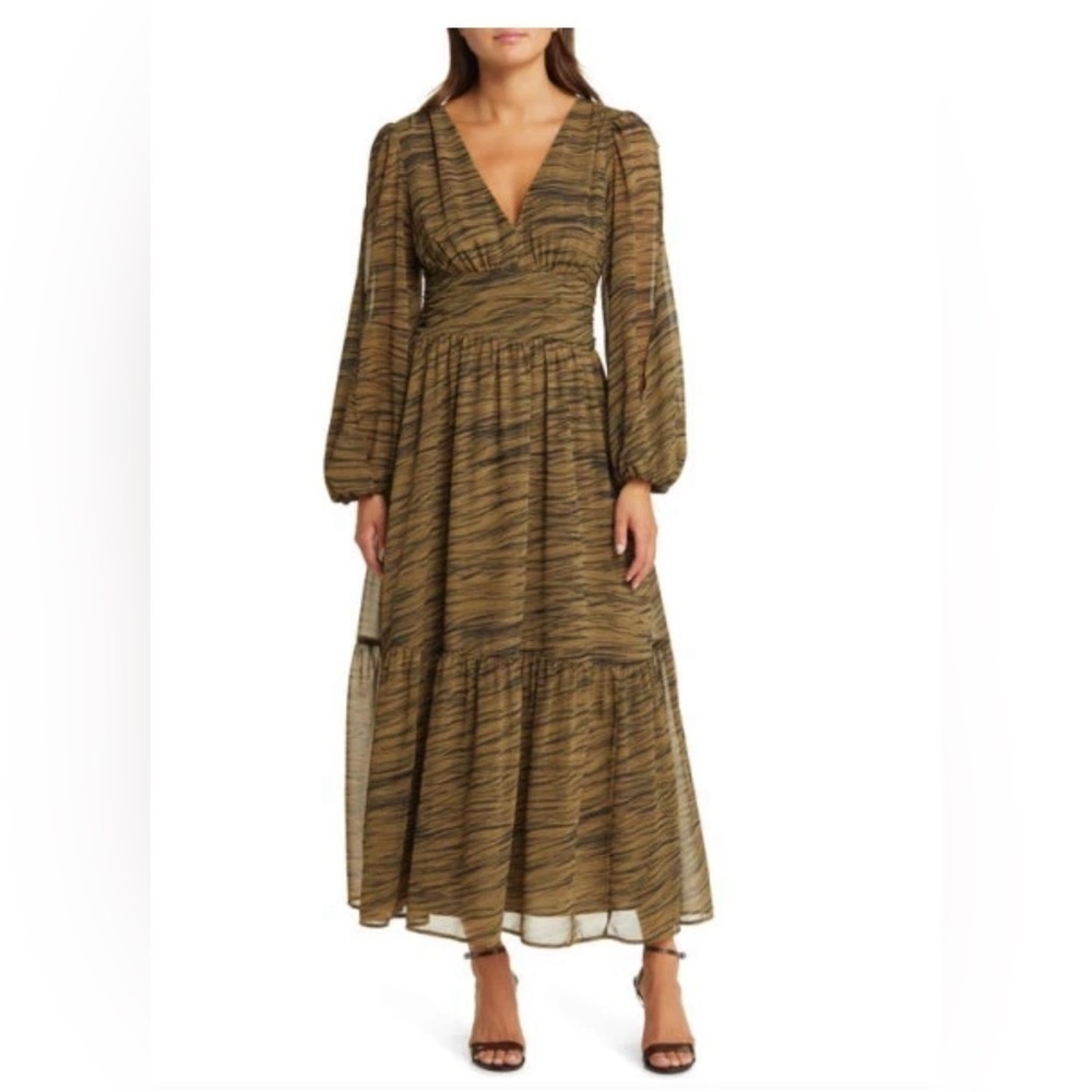 Chelsea28 Olive and Tan Striped V-Neck Tiered Maxi Dress